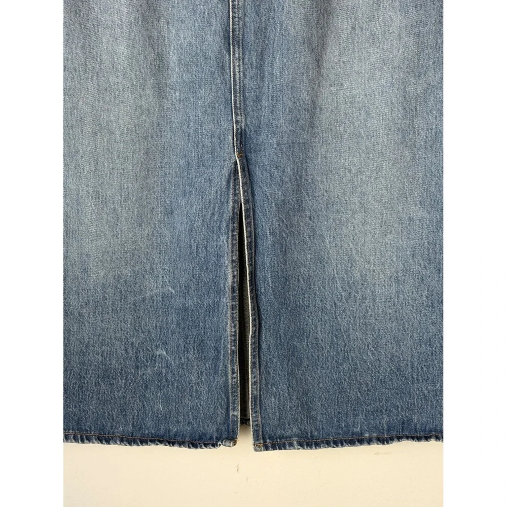 Uniqlo Denim Midi Skirt Women 10 Blue Medium Wash Front Slit Straight Jean